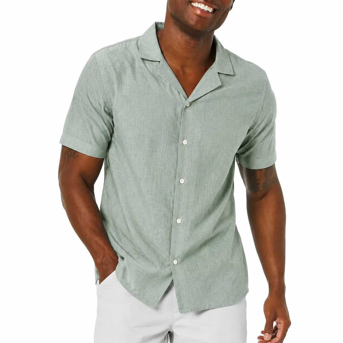 Camicia uomo taglia M in tessuto effetto lino verde salvia a maniche corte