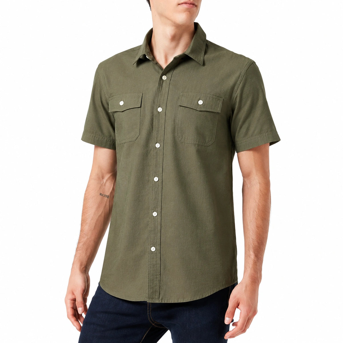 Camicia uomo taglia L in tessuto verde oliva a maniche corte con tasche