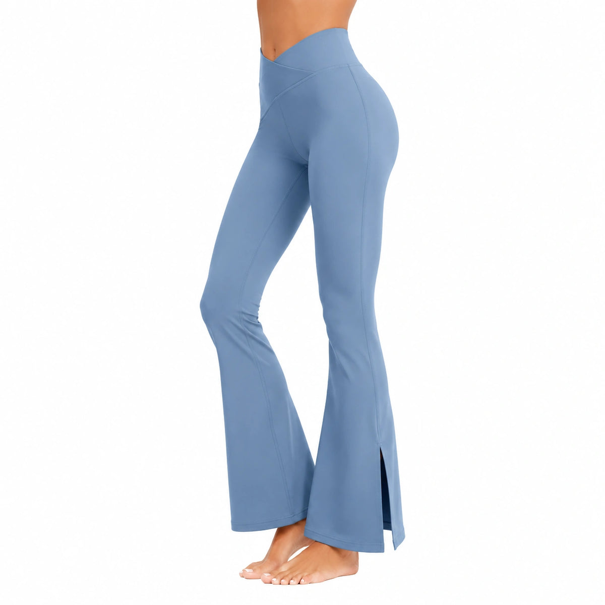Leggings donna taglia M in tessuto elasticizzato blu con vita alta e gamba svasata