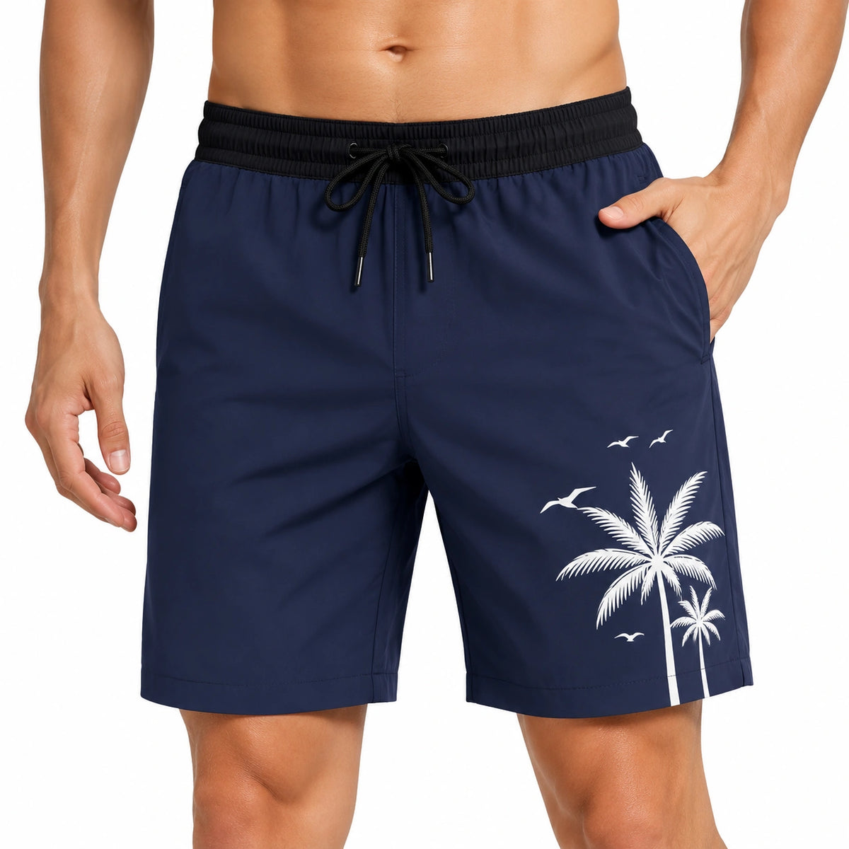 Costume da bagno uomo M in tessuto sintetico blu navy con stampa palme - pantaloncino mare con tasche