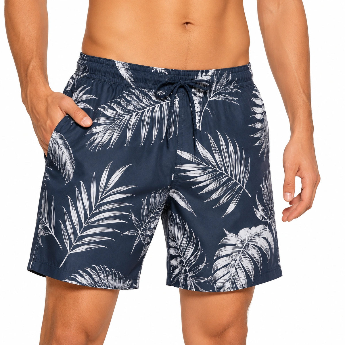 Costume da bagno uomo L in tessuto blu navy bianco con stampa foglie e tasche - stile tropicale