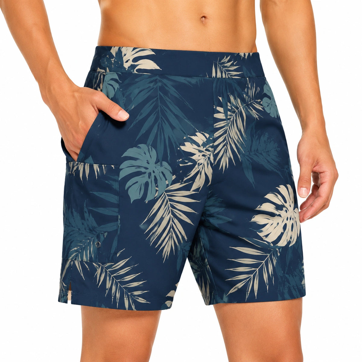 Costume da bagno uomo L in tessuto sintetico blu navy con stampa tropicale e tasche