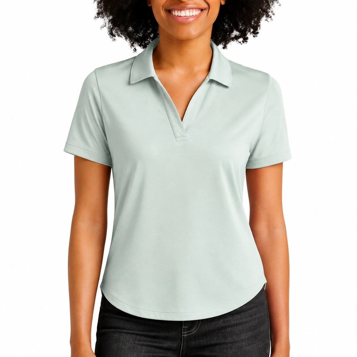 Polo da donna S verde salvia in tessuto liscio a maniche corte stile casual