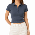 Polo da donna M in tessuto piqué blu ardesia a maniche corte slim casual