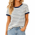 T-shirt donna taglia S a righe bianco/blu navy in tessuto stile marinaro