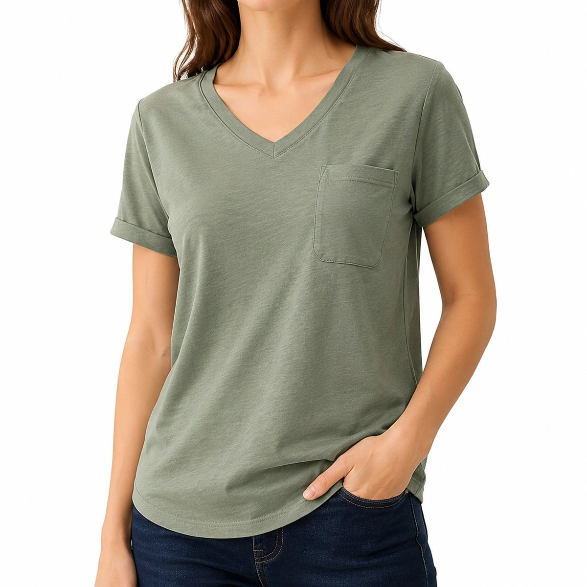 T-shirt da donna taglia S verde salvia con scollo a V e tasca frontale