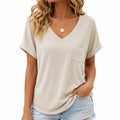 T-shirt da donna taglia M beige in tessuto a coste con scollo a V e taschino