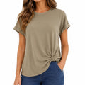 T-shirt donna M in tessuto kaki con nodo sul davanti - maniche corte