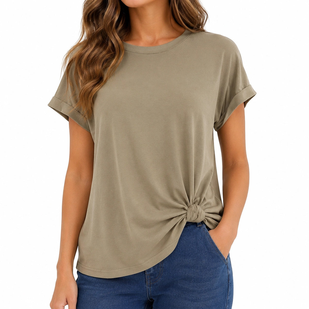 T-shirt donna M in tessuto kaki con nodo sul davanti - maniche corte